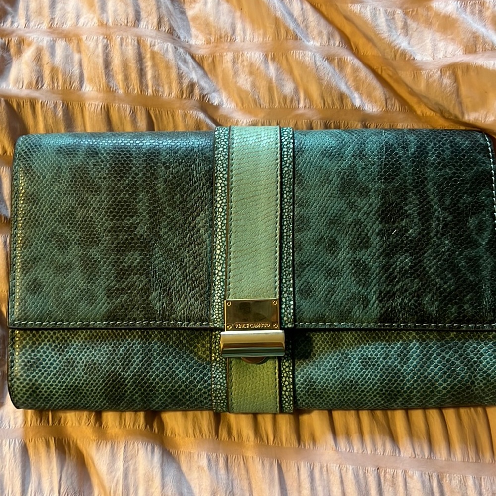 Vince Camuto green snakeskin print clutch